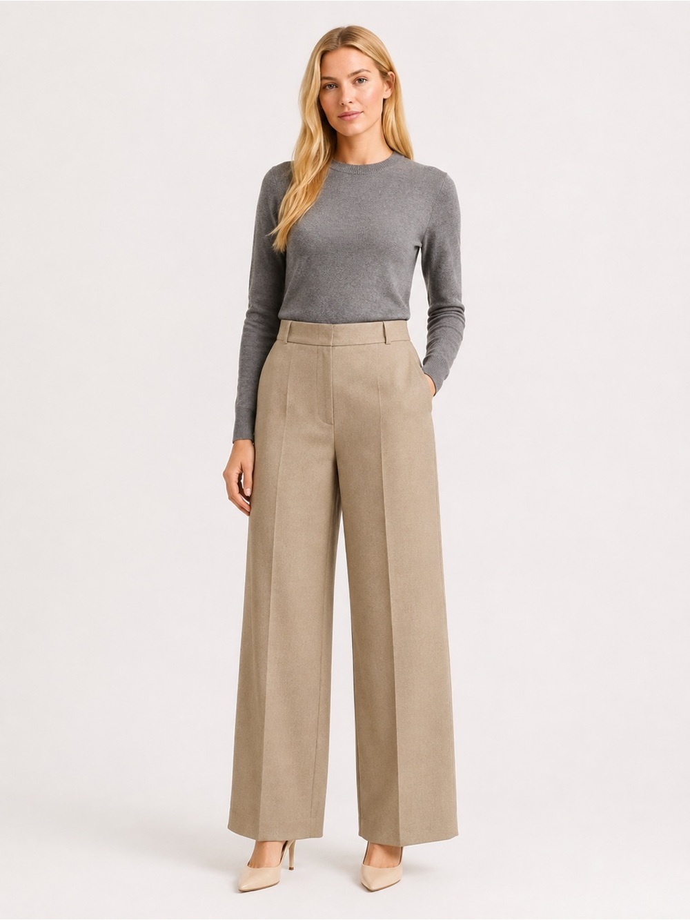 Akris Punto Womens Beige Wool-Blend High Waist Wide-Leg Dress Pants Size 4